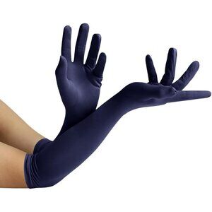 Women's Navy Elbow Length Fabric Satin Gloves Halloween Costume Accessories